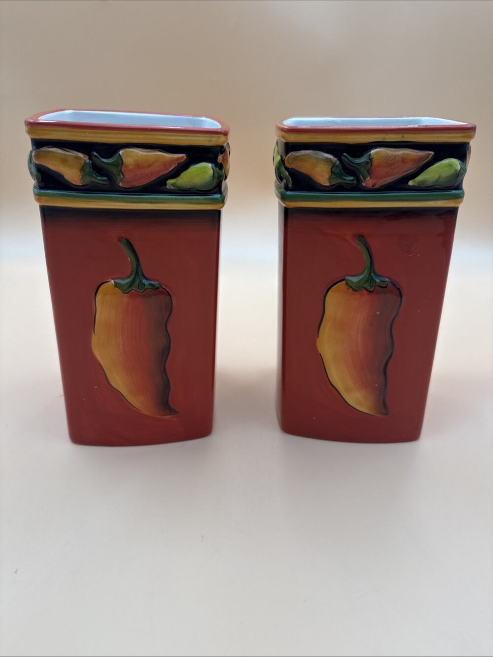 VTG Clay Art Jalapeno Chili Pepper Utensil Holder Set 2 Hand Painted Ceramic 8"